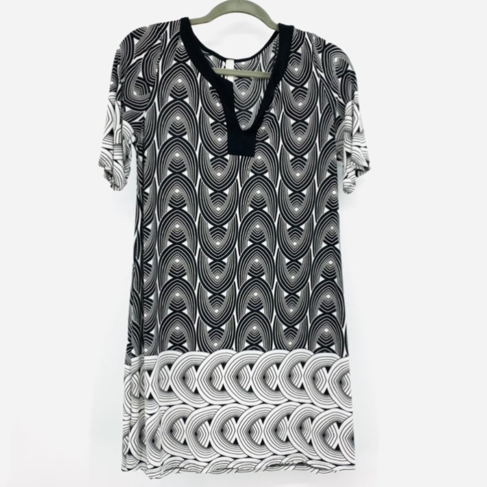Emerald USA Shift Dress Retro Geometric Black Whit